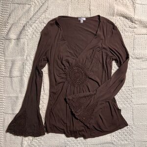 y2k Caché Crochet and Beaded Brown Bell Sleeve Top